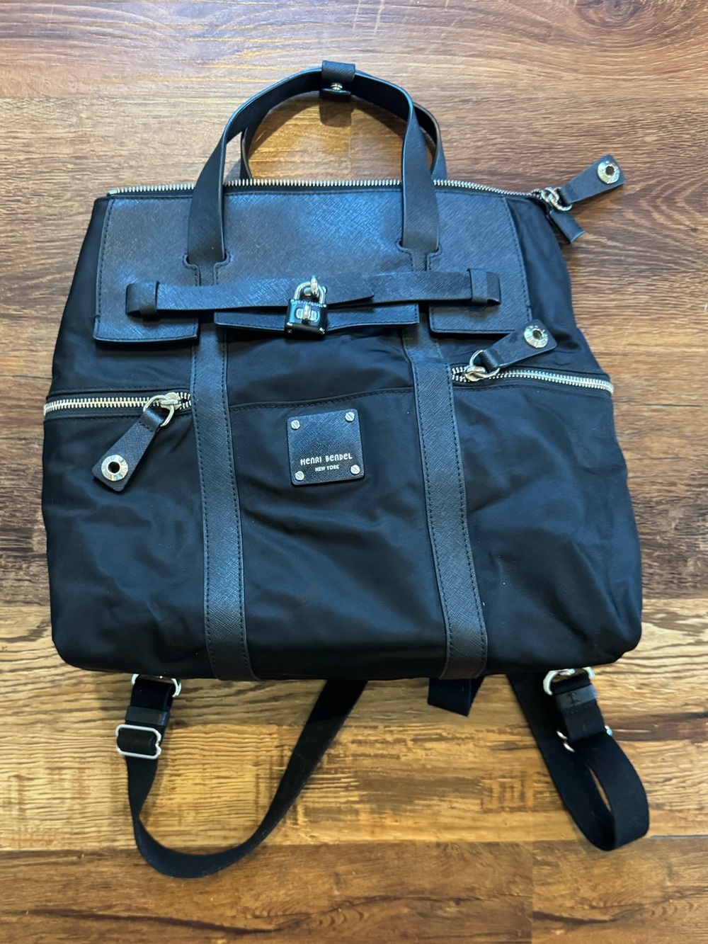 Henri Bindel Black Convertible Backpack Tote with Leather Trim